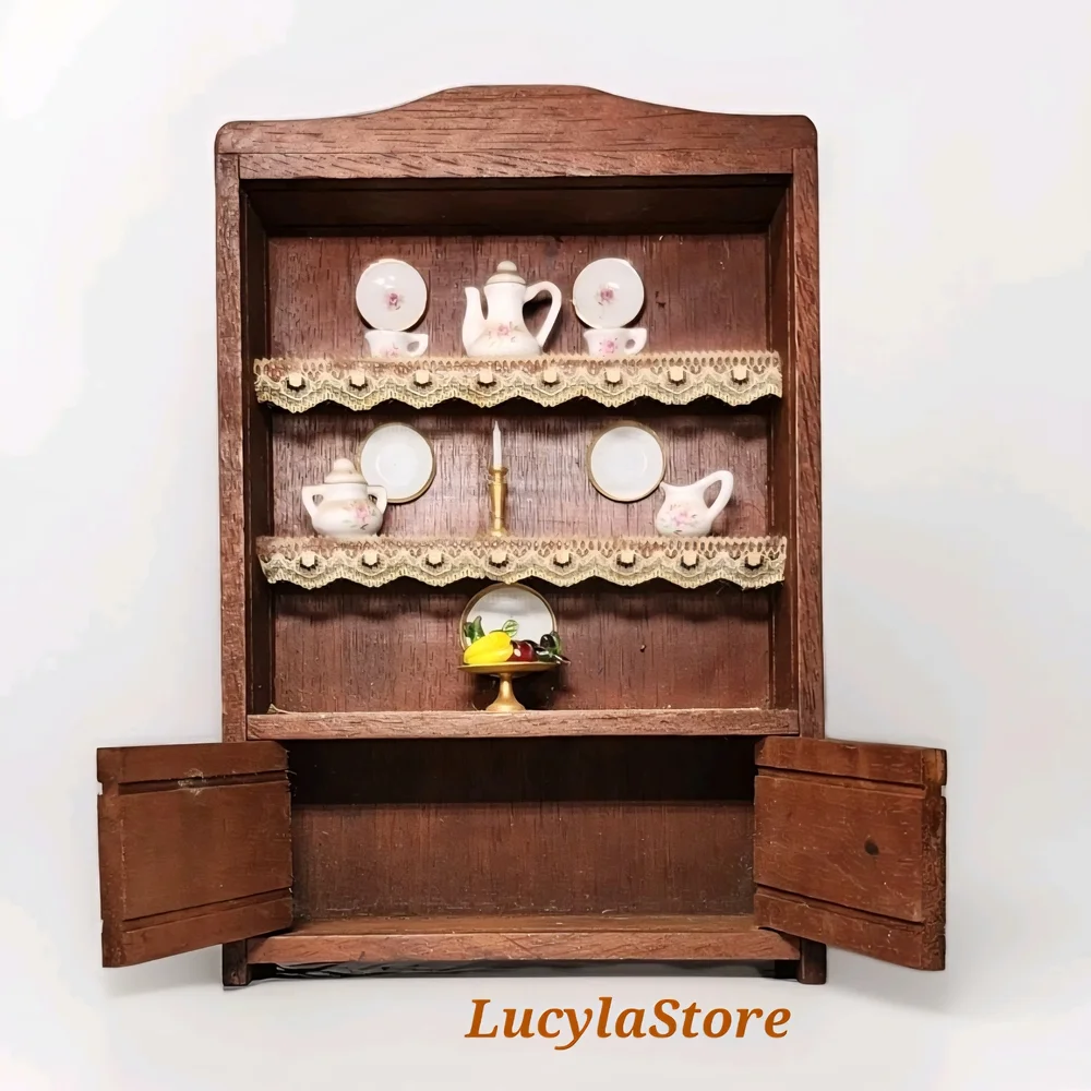 Vintage 1:12 Dollhouse Miniature Wood China Cabinet Hutch w/ Porcelain Metal Set
